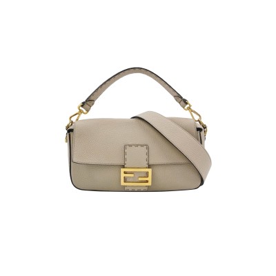 FENDI BAGUETTE SELLERIA MEDIUM WHITE GREY CALFSKIN LEATHER GREEN INTERIOR CROSS (32*18*6cm) 